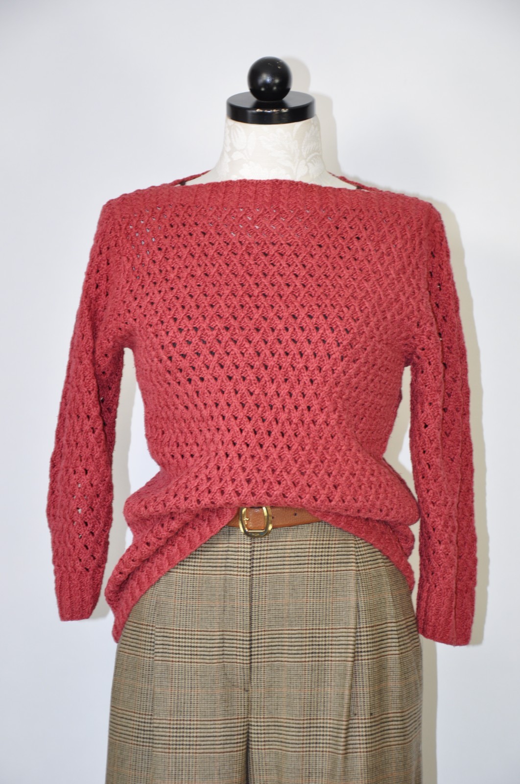 Lauren Ralph Lauren Raspberry Red Linen Boatneck Hand Knit Sweater Women XS S
