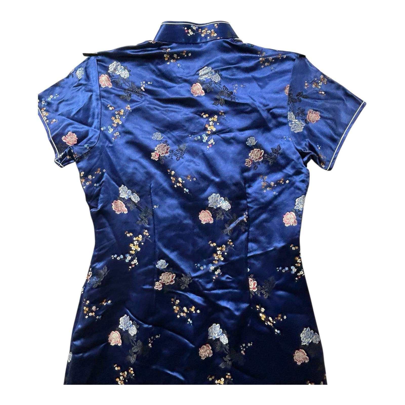 Vintage Solz Squirrel Blue Floral Satin Cheongsam Dress Women’s Size 38
