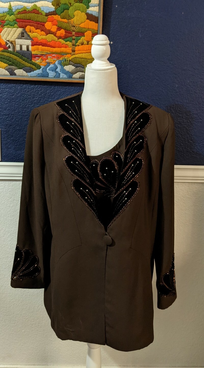 VTG Moshita Couture Brown Coat Blazer Velvet Bead PLUS Sz 16 Extra Extra Large
