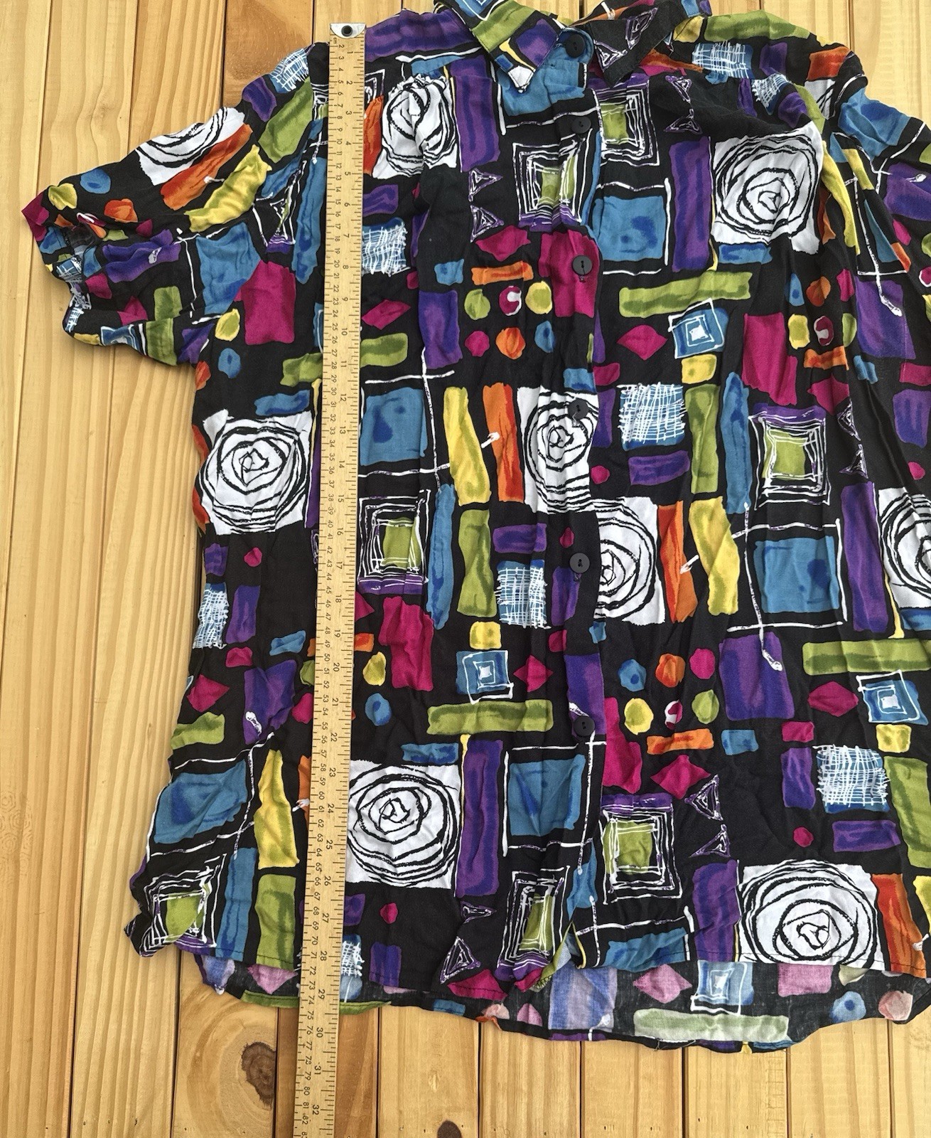 Vintage 1980s Abstract Artsy Bright Colorful Button Down Blouse Black 1X
