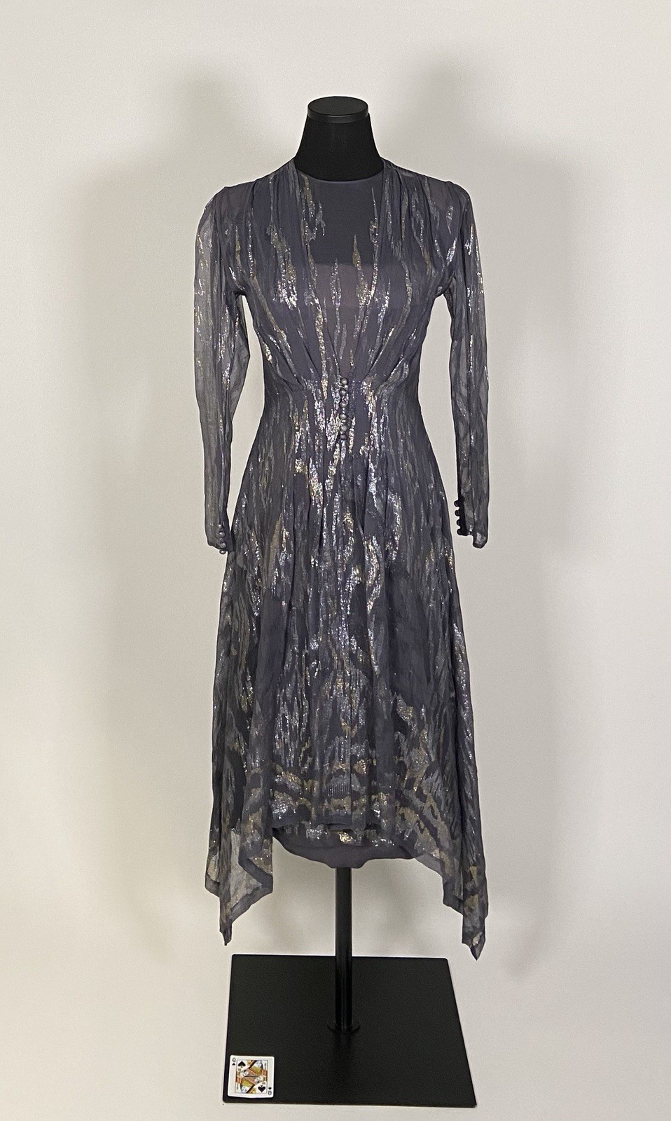 073 1970s Pauline Trigere sheer purple dress and vest, metallic detail size XS