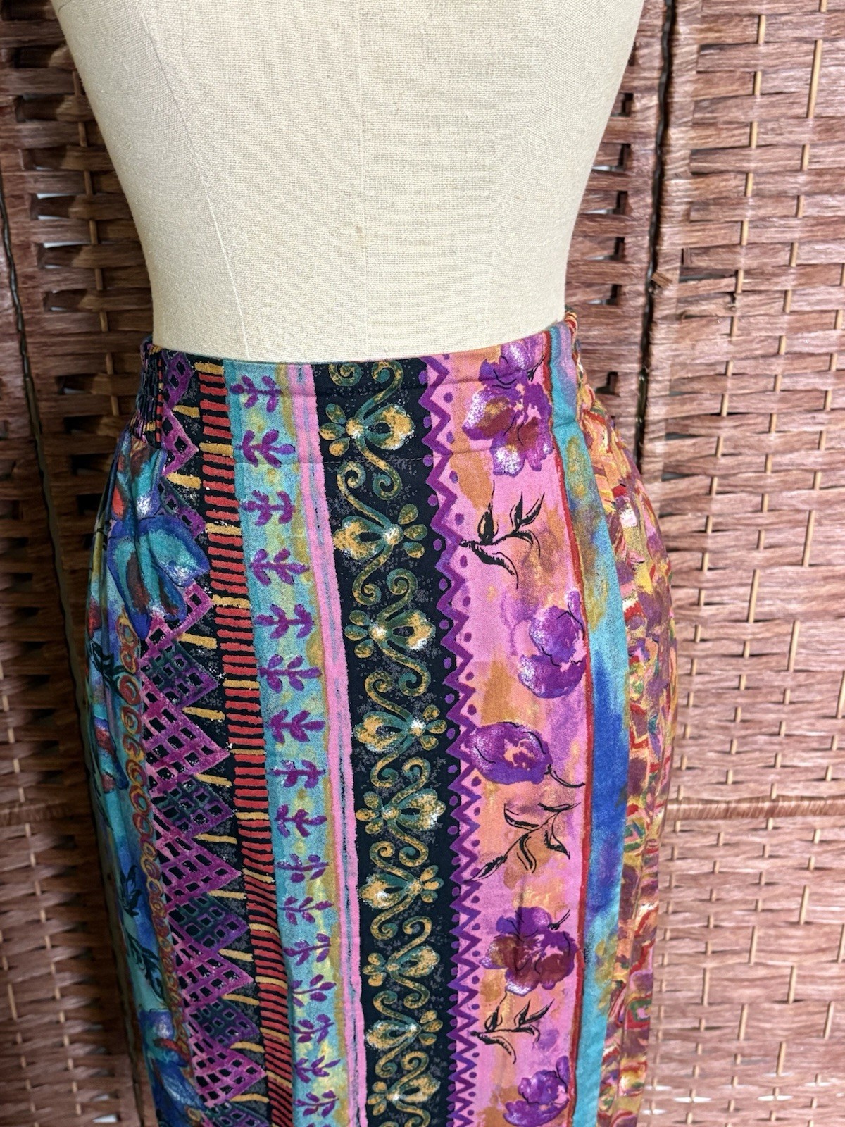 Vintage Aztec Patchwork Southwestern Bohemian Festival Print Midi Skirt Size 12