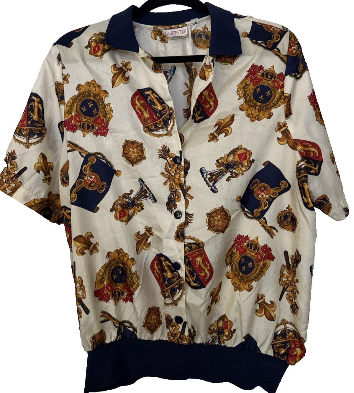 Vintage Lauren Lee Womans Blouse 18W Short sleeve Button Made in USA Crest Print