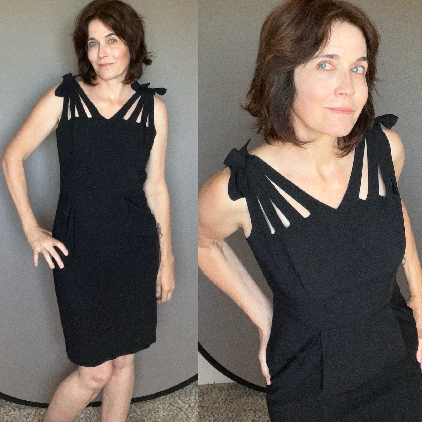 Vintage Stephen O’Grady Black Sleeveless Dress Sz S M strap detail bow cut out