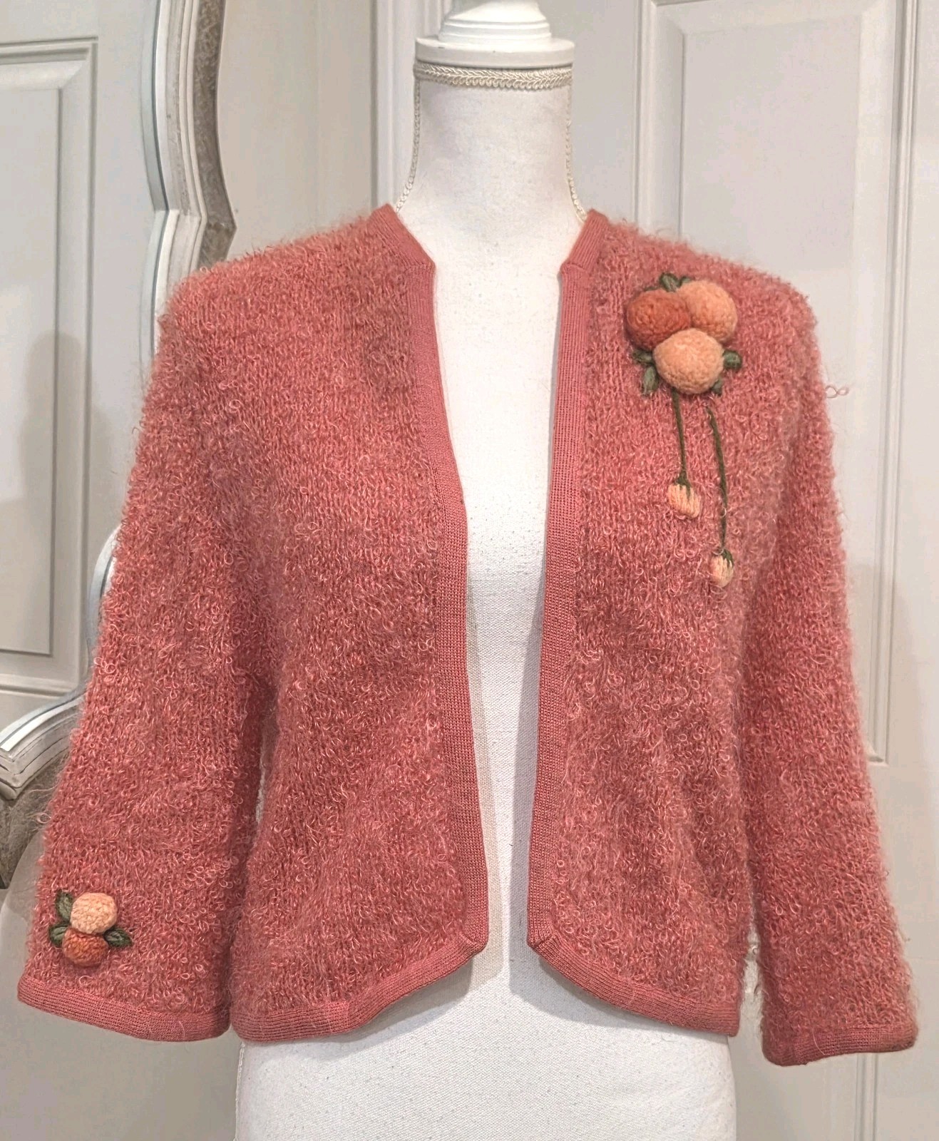 1950 Vintage Salmon Bubbly Boucle Cardigan Sweater Embroidered Pom Pom Flowers