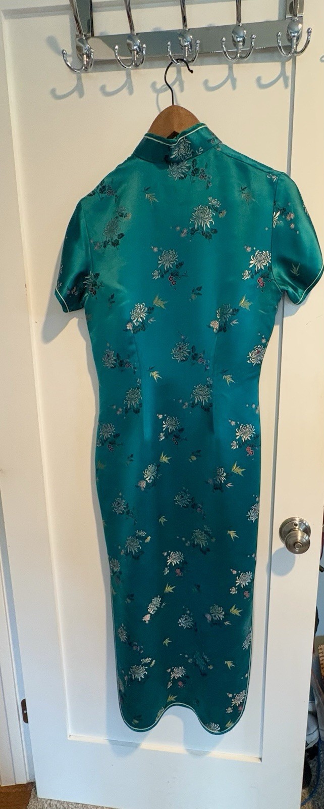 Solz Squirrel Qipao Cheongsam Teal Rayon Vintage Wiggle Dress 70s Size 38 6-8