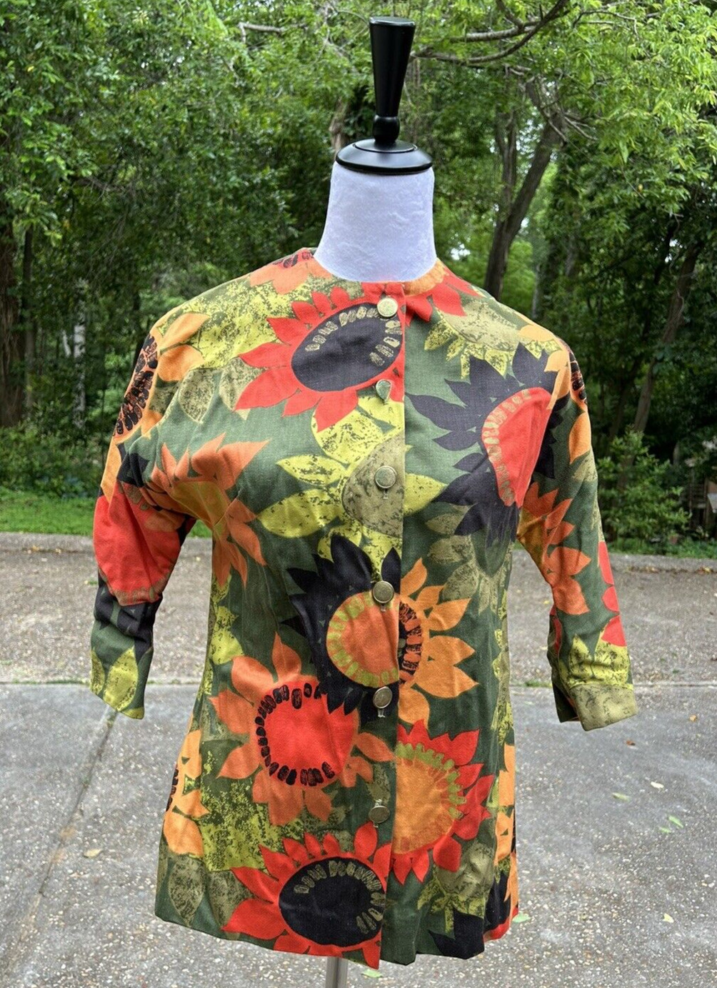 Vtg 60s Mod Floral Blouse Shirt Jacket 3/4 sleeve Sunflowers Abstract Art Boho