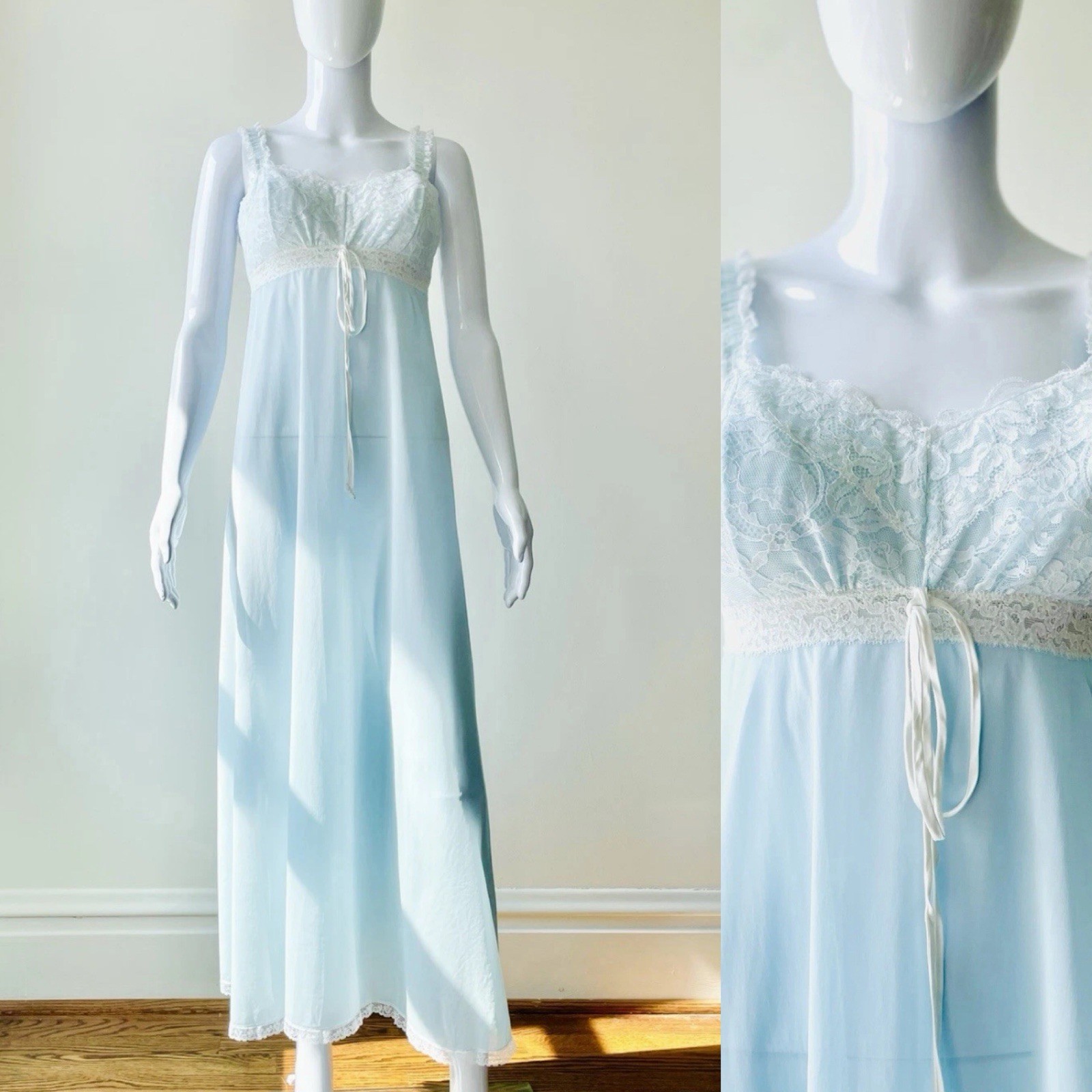 Vintage Olga M 36 38 Nightgown 60s Sleeping Pretty Blue Nylon Lace Padded GUC