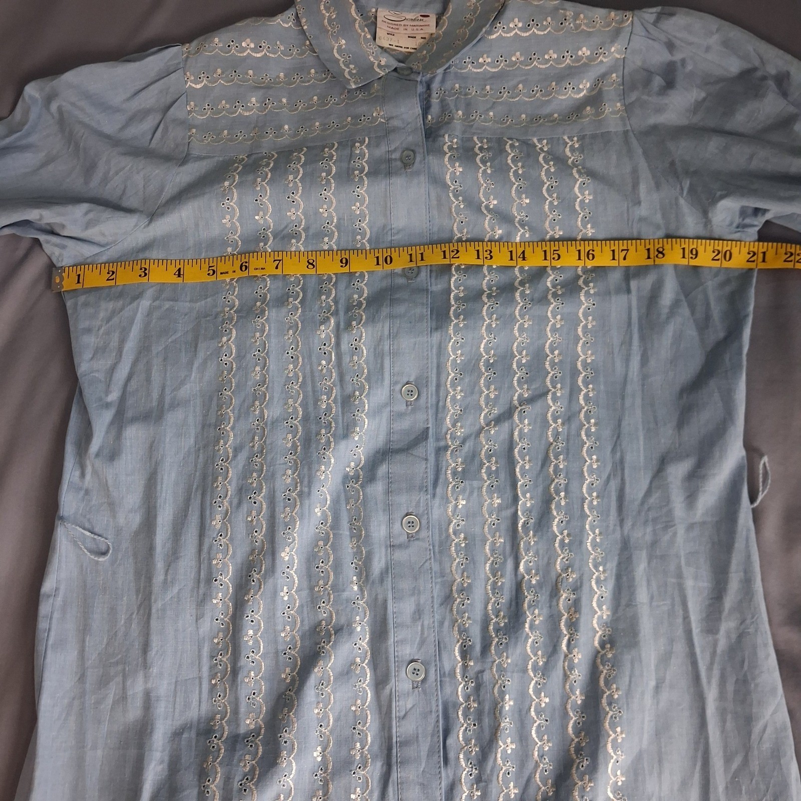Serbin Marianne Shirt Dress Rockabilly Blue Eyelet Embroidered Belted SZ 10 USA