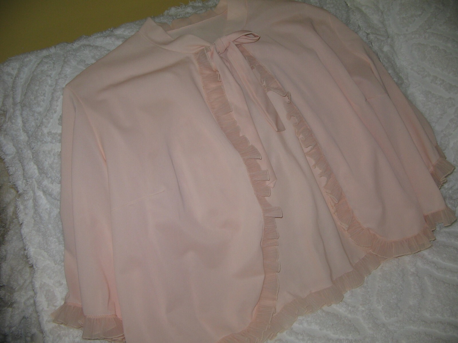 Vintage Vanity Fair Bed Jacket Large Nylon Peachy Pink Pleated Ruffle Sissy MCM