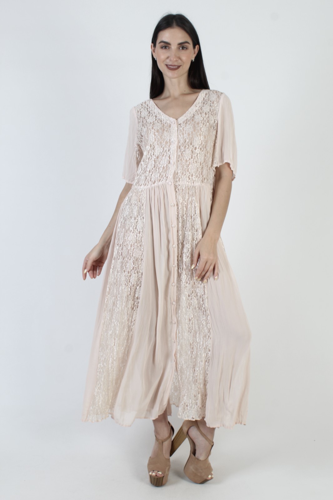 Vtg 90s Nude Gypsy Lace Grunge Dress Sundress Champagne Babydoll Sheer Maxi L