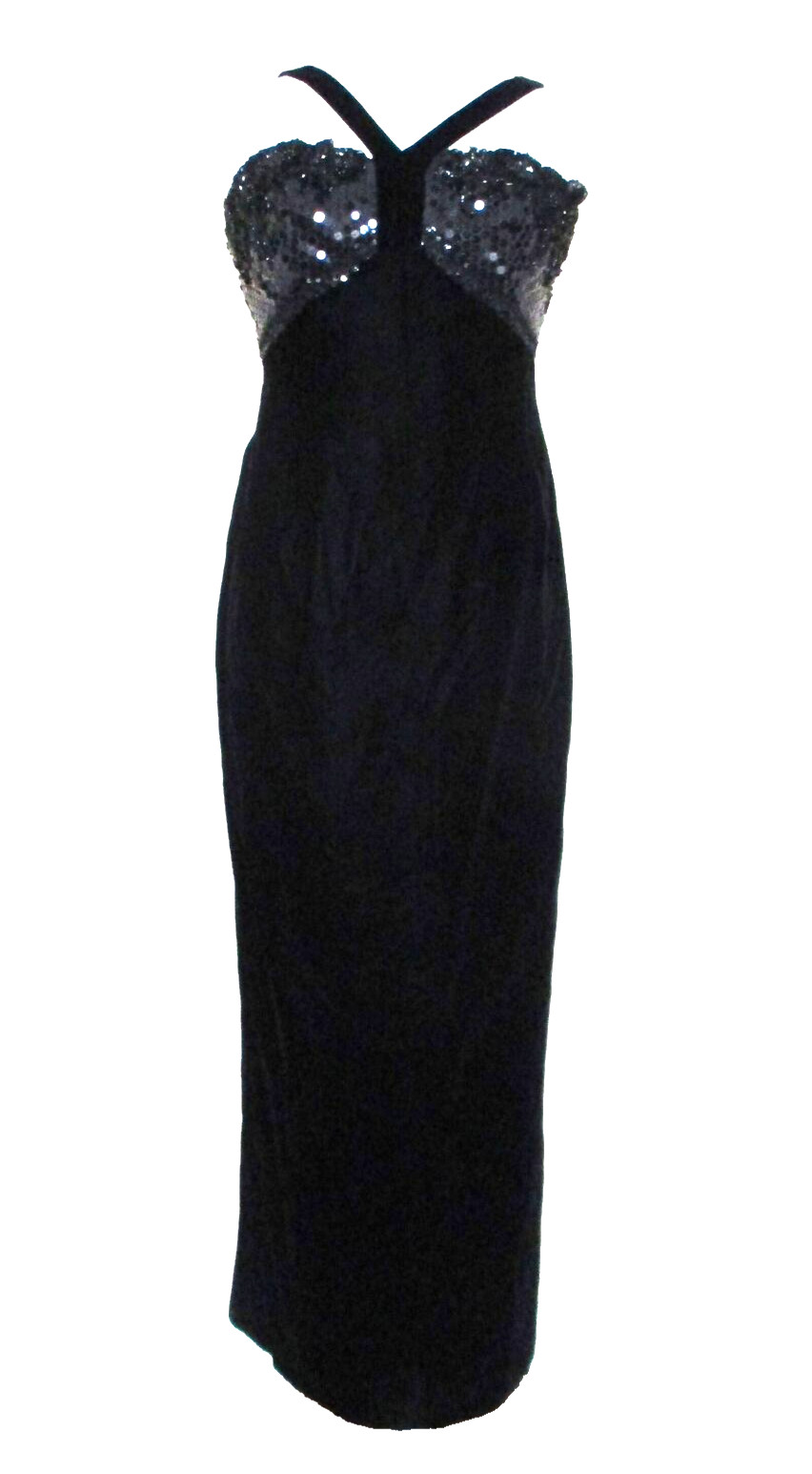 Vtg Victor Costa Formal Dress Evening Gown S Women Black Velvet Beaded Sequined