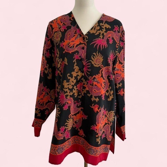 Vintage Diane Von Furstenberg Black Silk Dragon Print Blouse — Size M