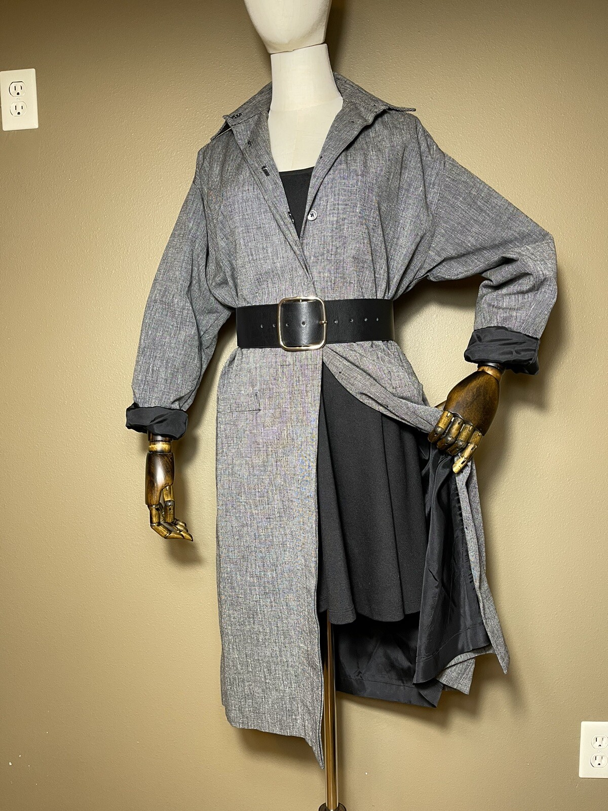 Vintage 80s Evan Picone Black White Micro Check Coat Trench Coat Lightweight