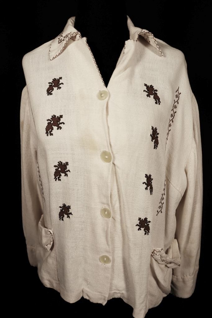 Vintage French 1940’s Lt Brown Rayon Gabardine Embroidered Blouse Jkt Size L