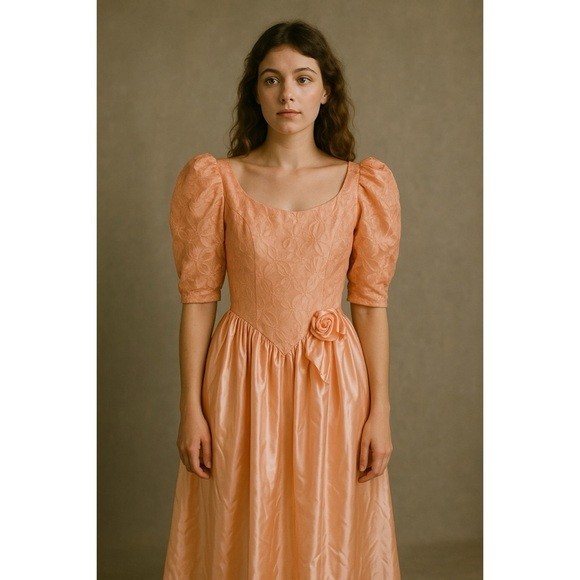 Vintage 1970s Dance Allure by Alfred Angelo Peach Satin Dress 13/14