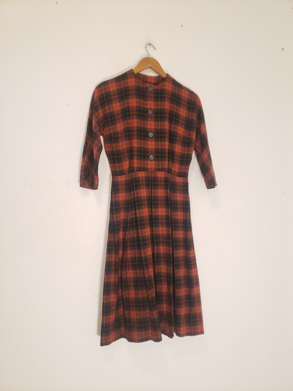 Vtg 40s Sz S Plaid Wool Dress As Is Handmade Red Black Pleated