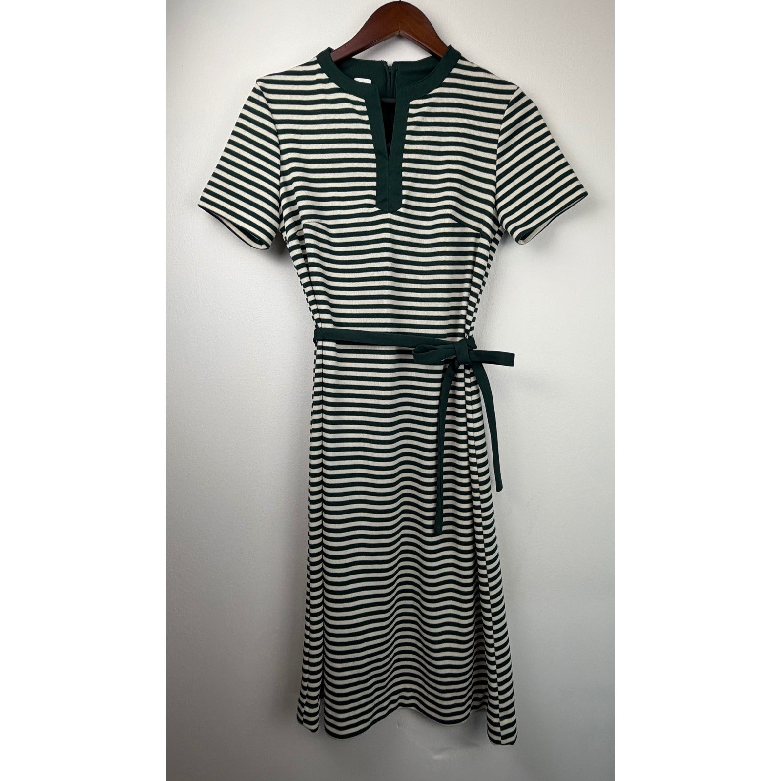 Vintage Knit Dress 14 Green White Striped Mod 60s 70s Retro Preppy Midi Belted