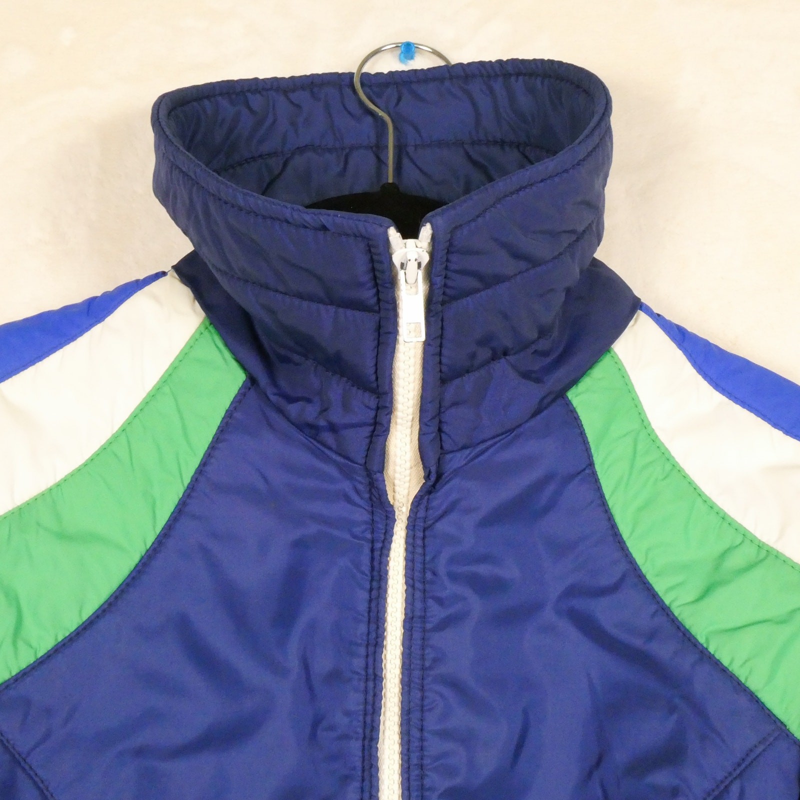 Vintage 80s Sportcaster Stripe Shoulder Snow Jacket Sz M Blue Green White Retro