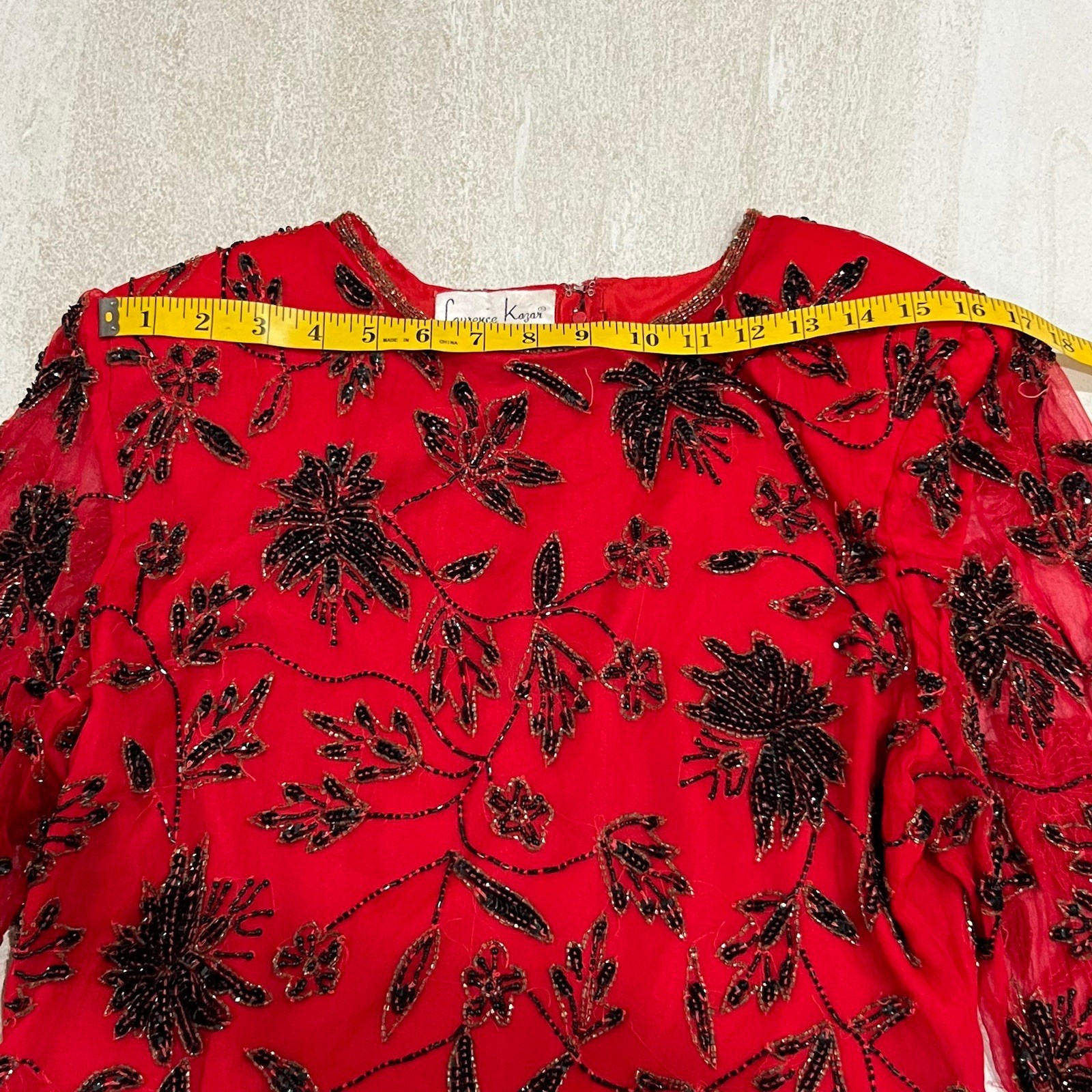 Vintage Laurence Kazar Beaded Top Red Floral Pure Silk Sz L EUC