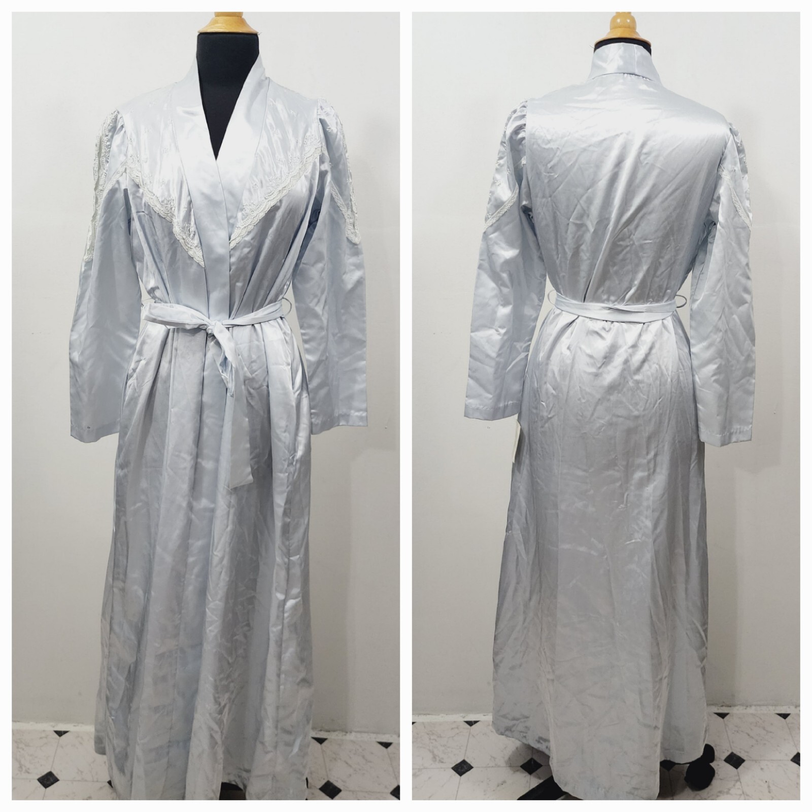Vintage 70s Barad & Co NOS Light Blue White Lace Full Length Satin Robe Size L