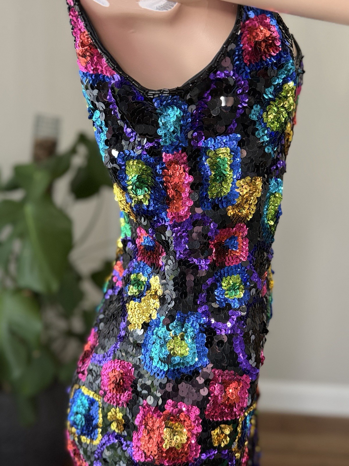 VTG 80s AJ Bari Sequin Mini Dress Multicolor Geometric Open Back Cocktail Sz 6