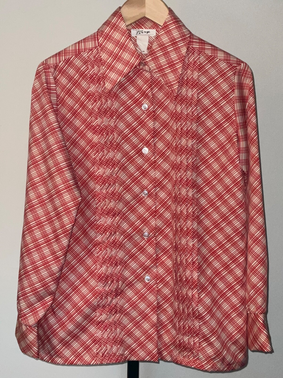 Vintage STYLED by TERRY CHICAGO Red & Ivory White Plaid Pleated Front Shirt Top
