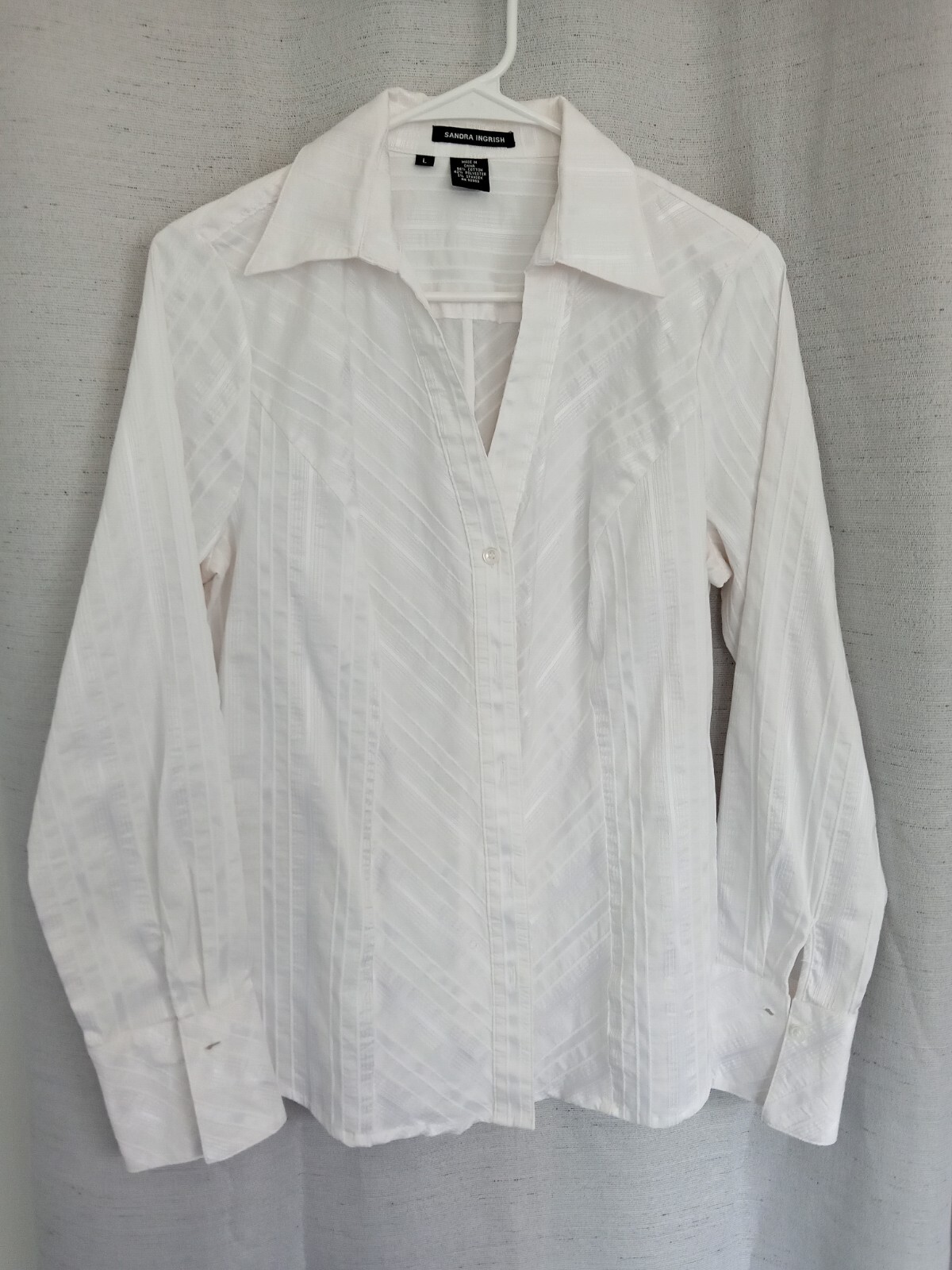 Vintage Sandra Ingrish Crisp White Shadow Stripe Button Up Blouse, Long Sleeve L
