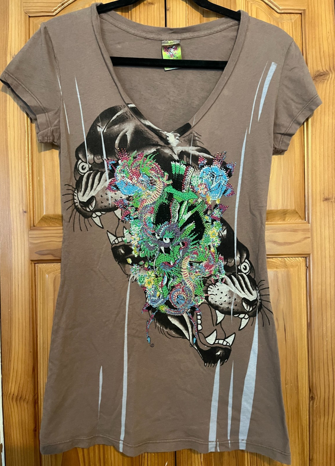 Vintage Ed Hardy Rhinestone Dragon and Panther Mini-Dress/T-Shirt Size Small