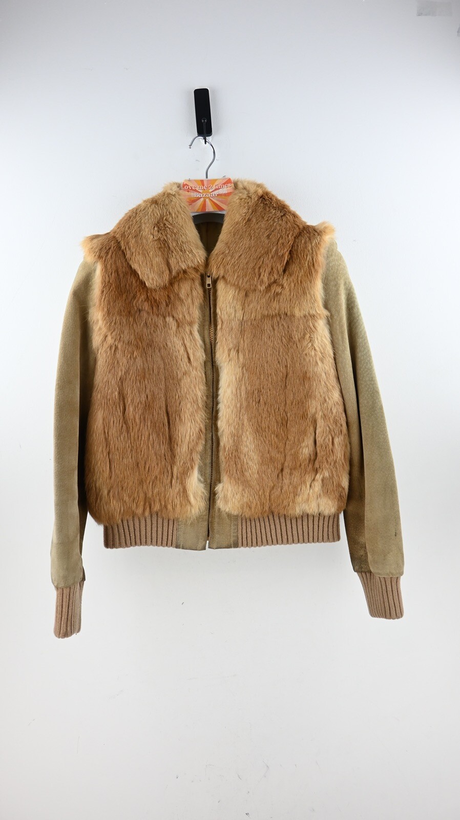 Vintage unbranded 1970s rabbit & suede leather jacket in fawn/caramel size S