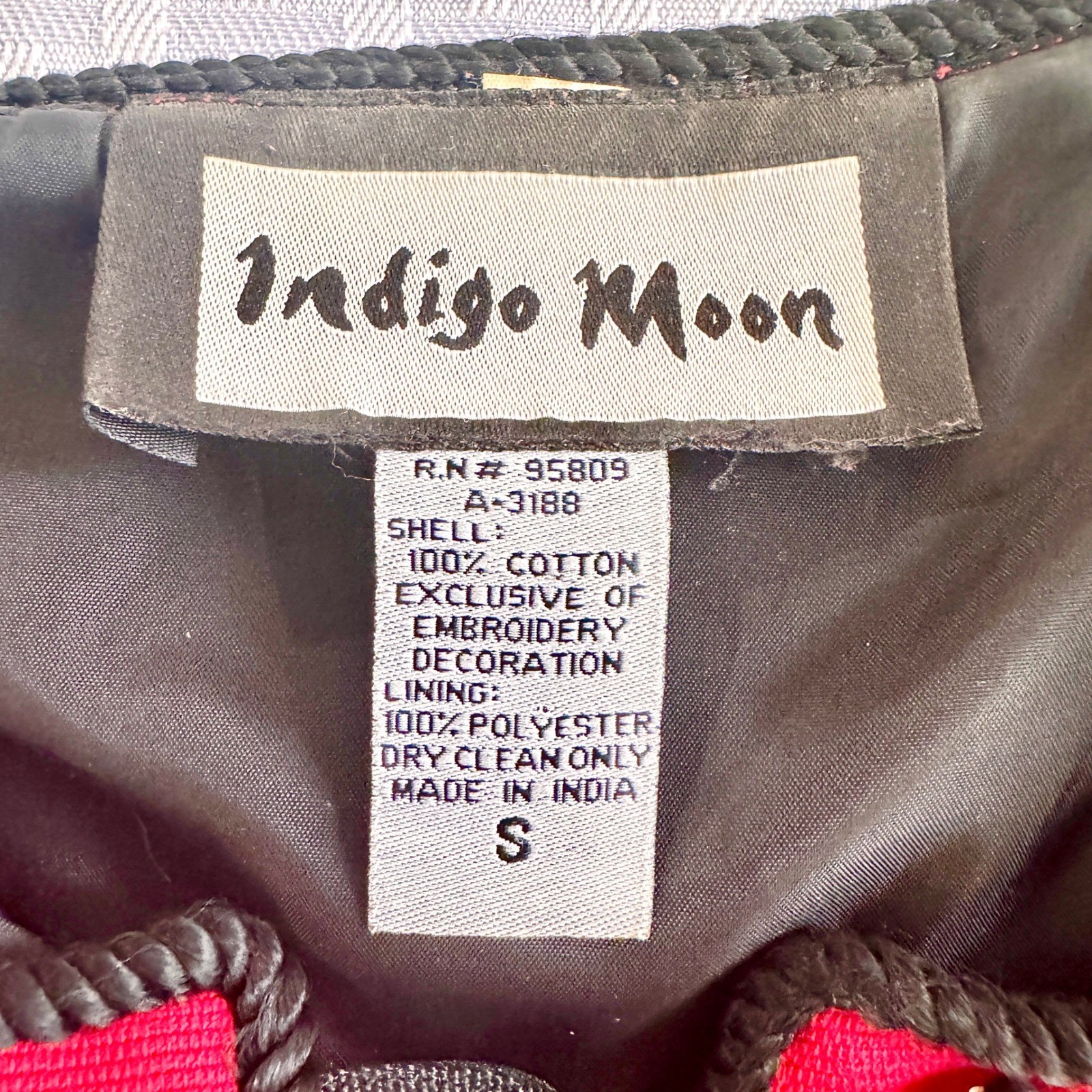 Indigo Moon Vintage Wearable Art Jacket Red Celestial Animal Embroidered Small