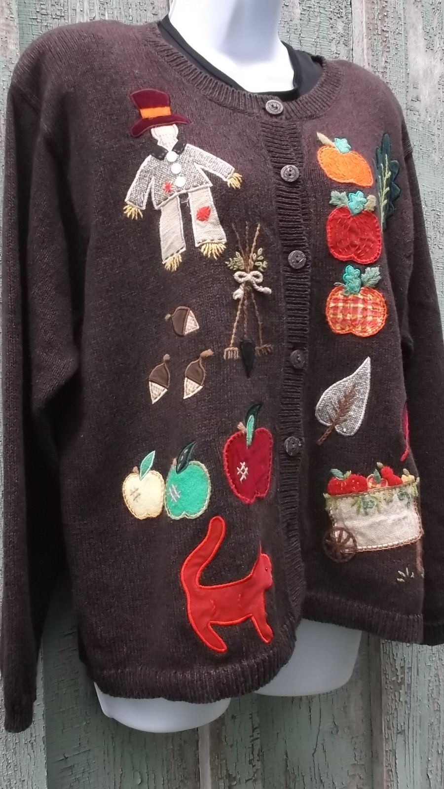 VTG Fall Novelty Sweater Susan Bristol XL 1X Scarecrow Apples Thanksgiving VFG