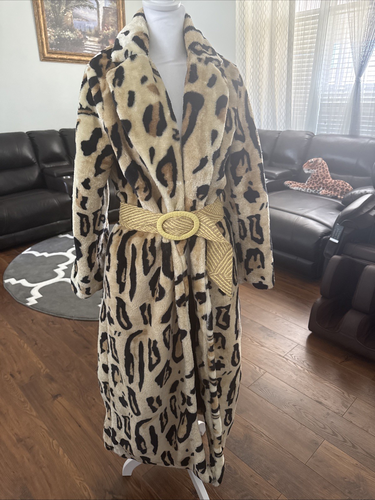 Fashion Nova Feline Fine Coat Leopard Faux Fur Belted Long Coat Women Size M New