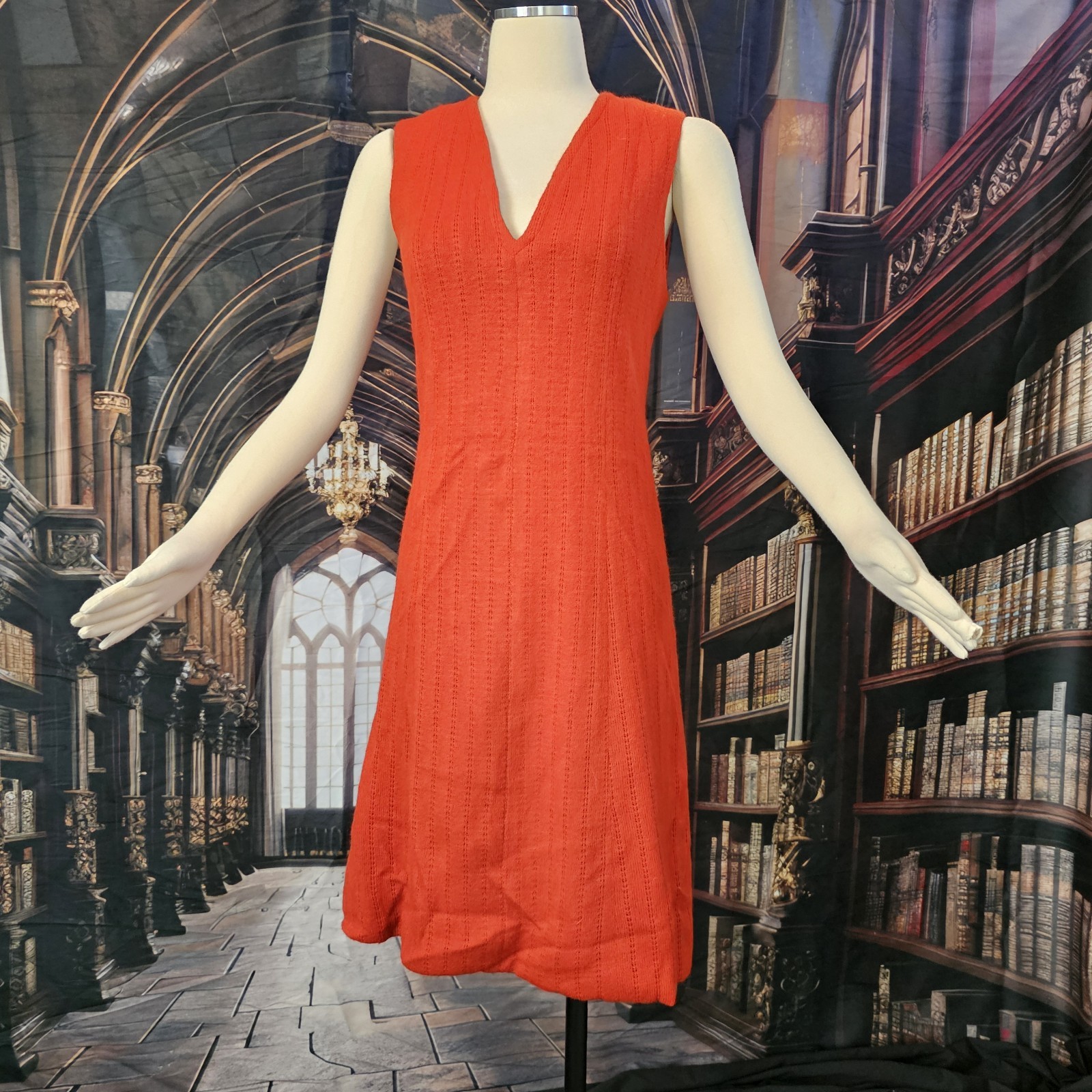 Vintage 1960’s Knit Dress Shift Red Orange Sleeveless V-neckline Midi Length