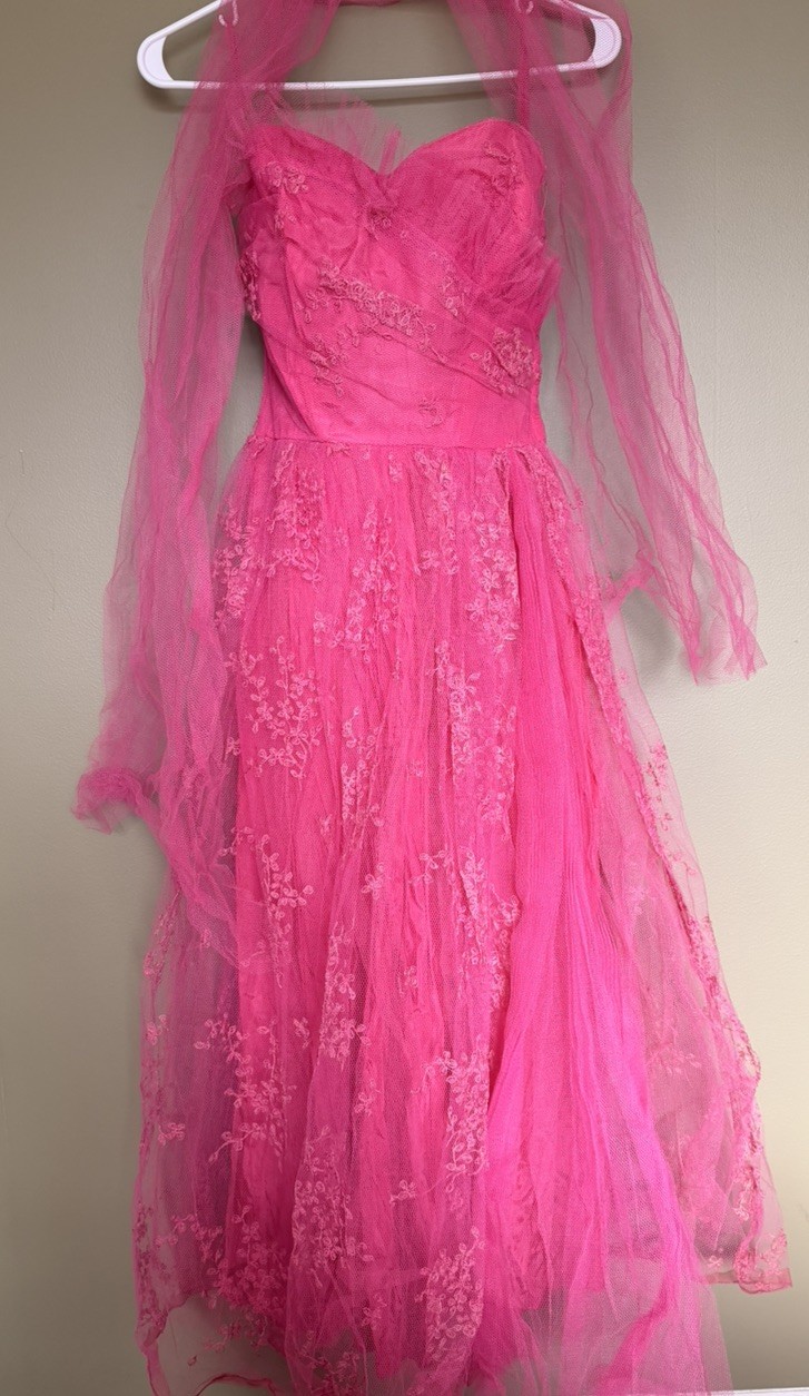 Vintage 1950’s 50s STRAPLESS Bright Pink Tulle Lace Prom Party Wedding Dress XS