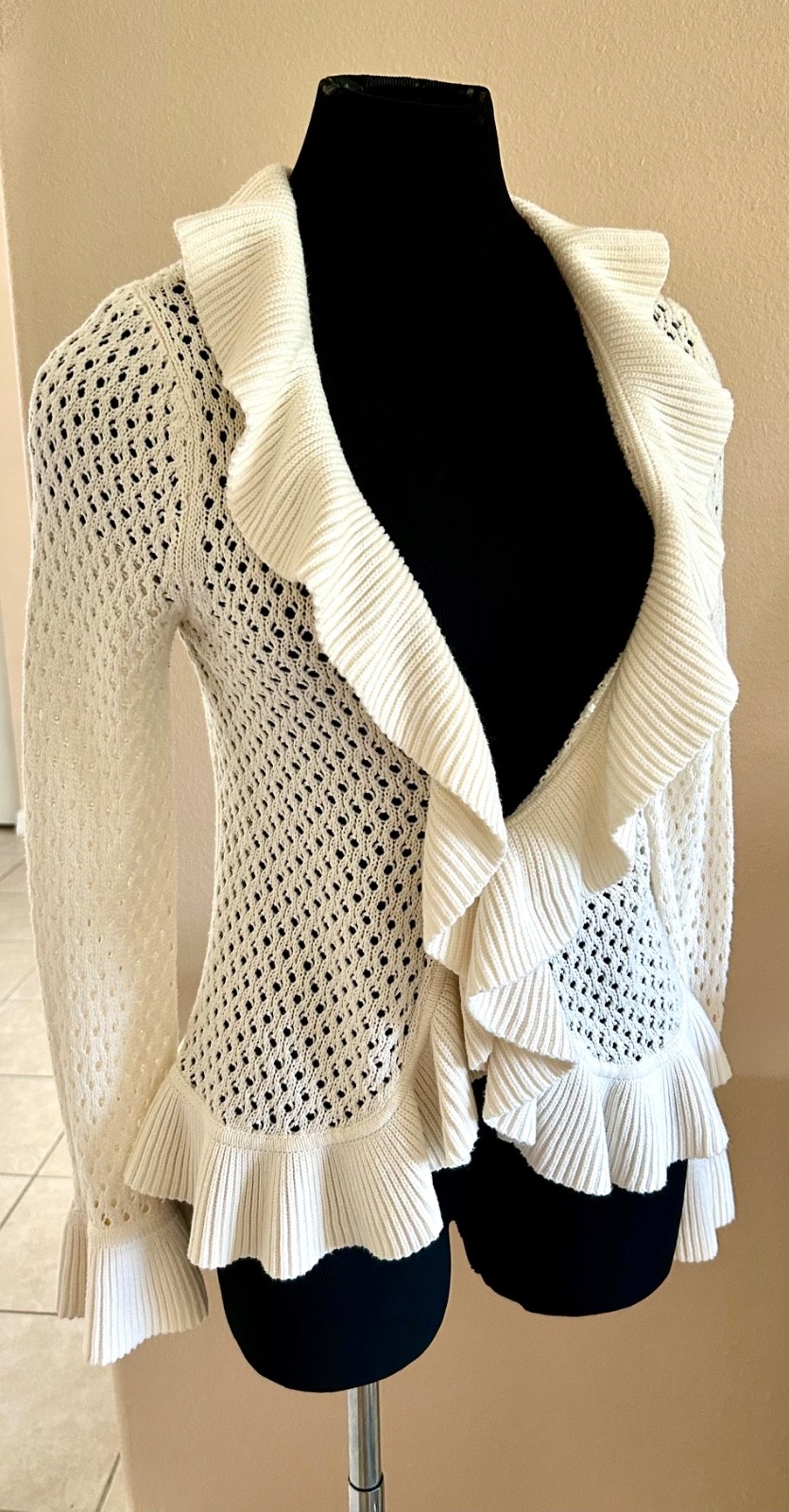 Vintage Faded Glory Cream Open Knit Ruffles Boho Women’s Cardigan S/4/6