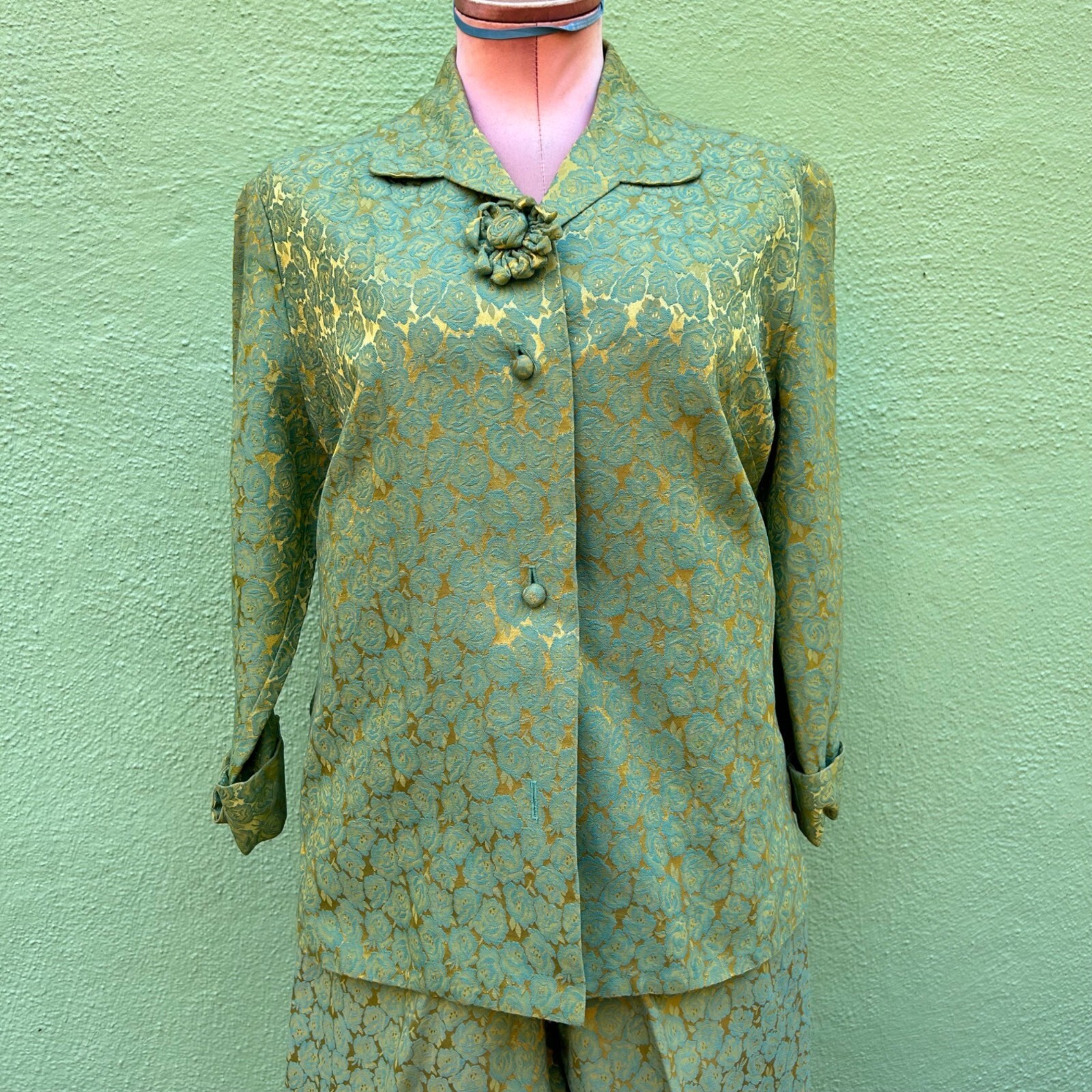 Fashioned By Flobert Vintage 2pc Pants Suit Green Long Sleeve Women Floral XXS
