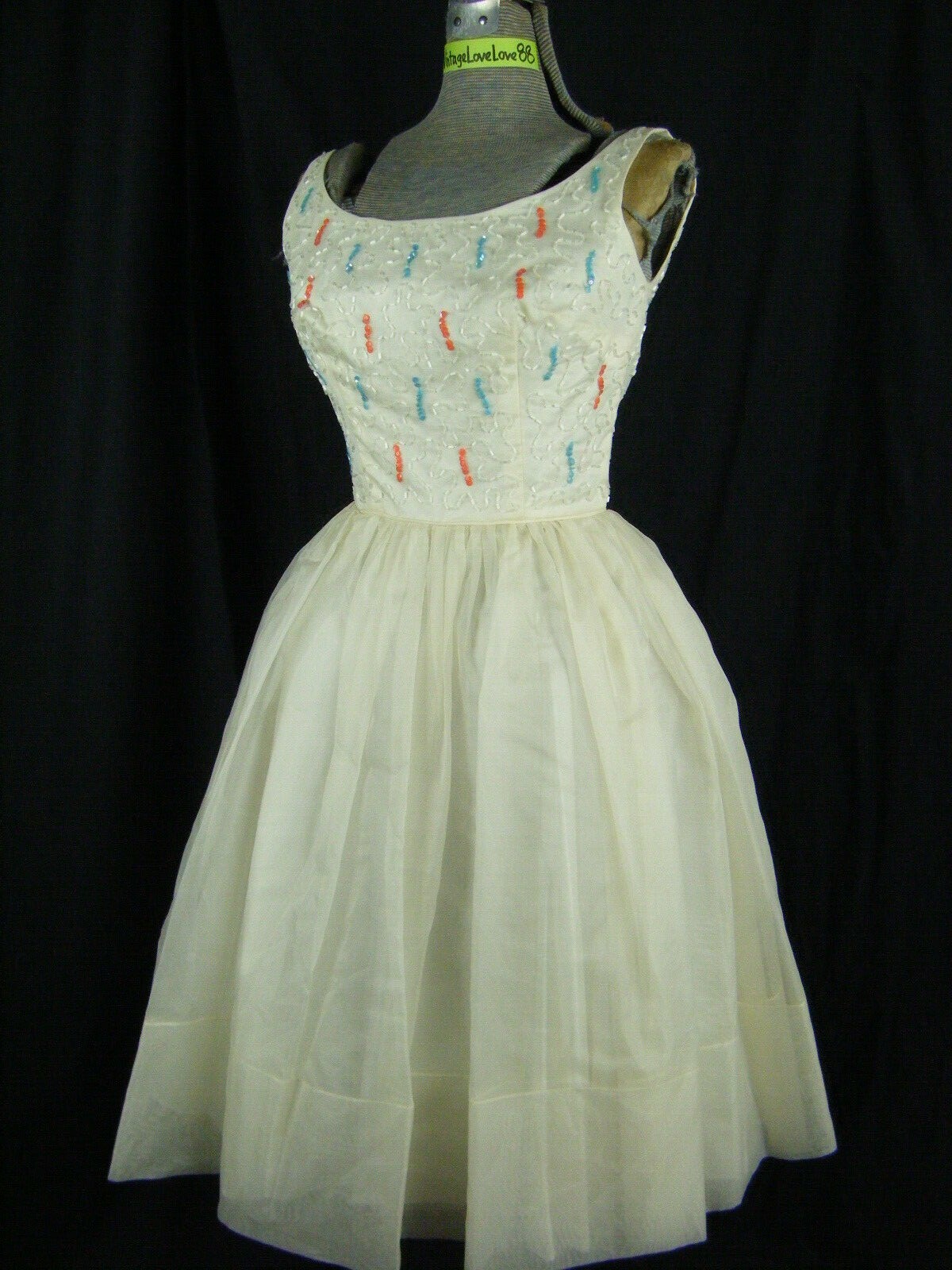 CAREER GIRL Vtg 50s Ivory Crepe/Coral Blue Sequin Beaded Party Dress-Bust 31/2XS