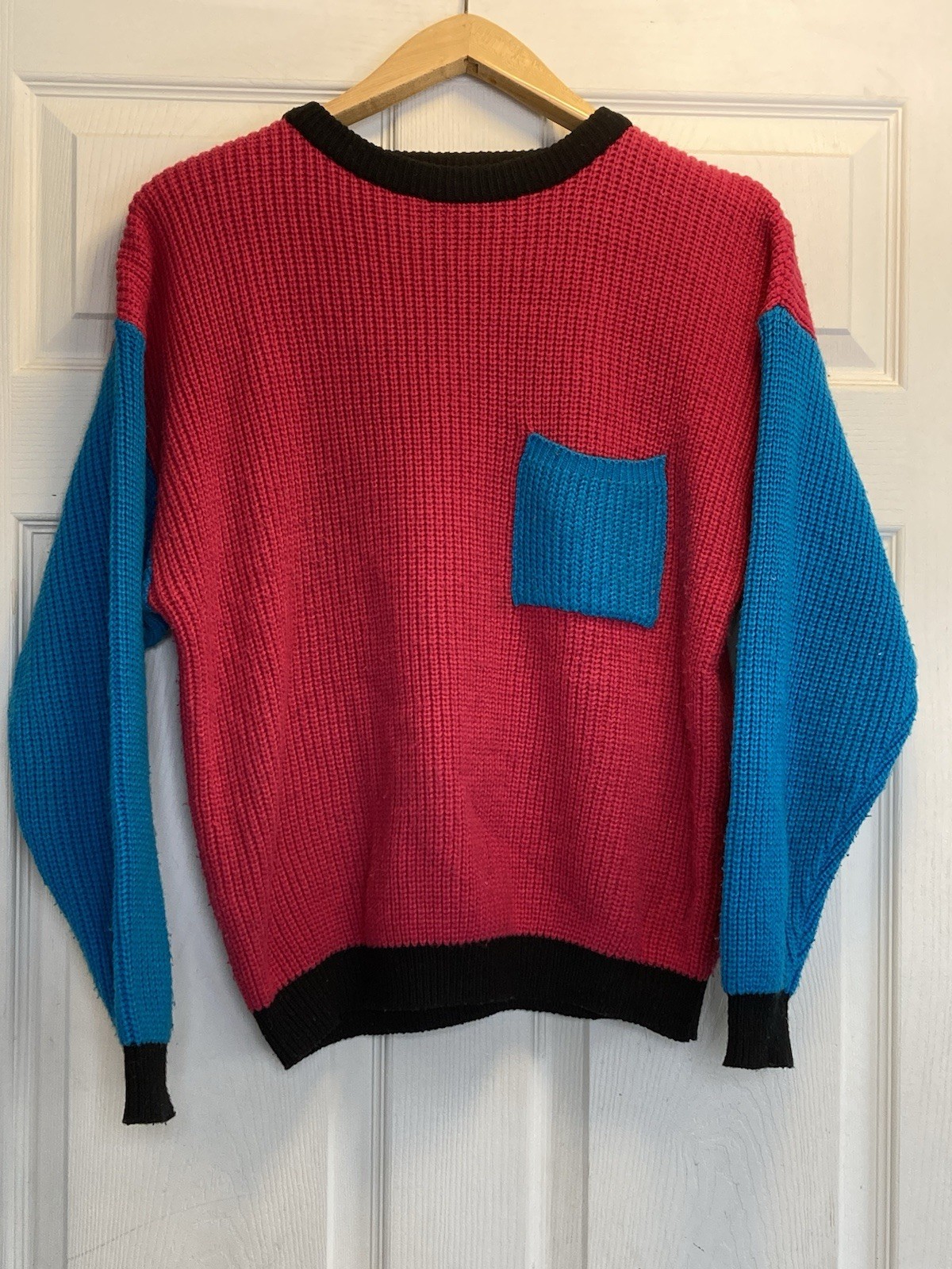 Vtg 80s 90s Streetwear Womens L Color Block Chunky Knit Sweater Glam Barbie Pink