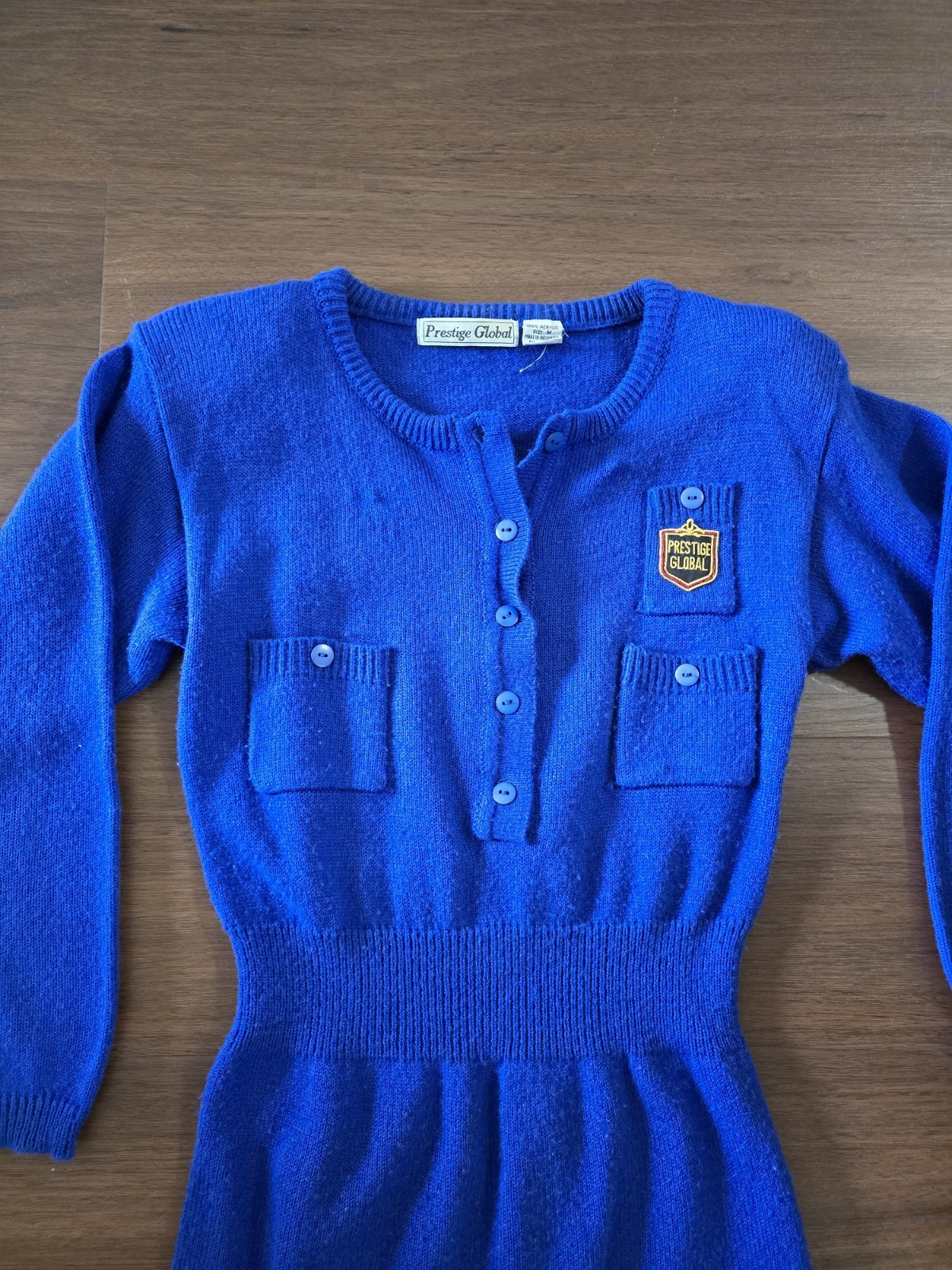 Vintage 1980s Blue Knit Sweater Dress PRESTIGE GLOBAL Womens Small