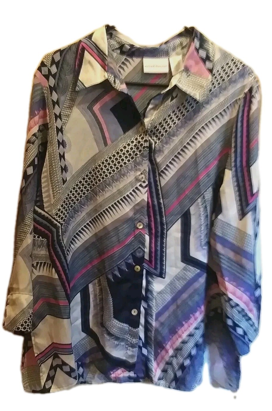 Alfred Dunner Woman Size 16 Blouse Top Blue Pink Geometric Button Up 3/4 Sleeve