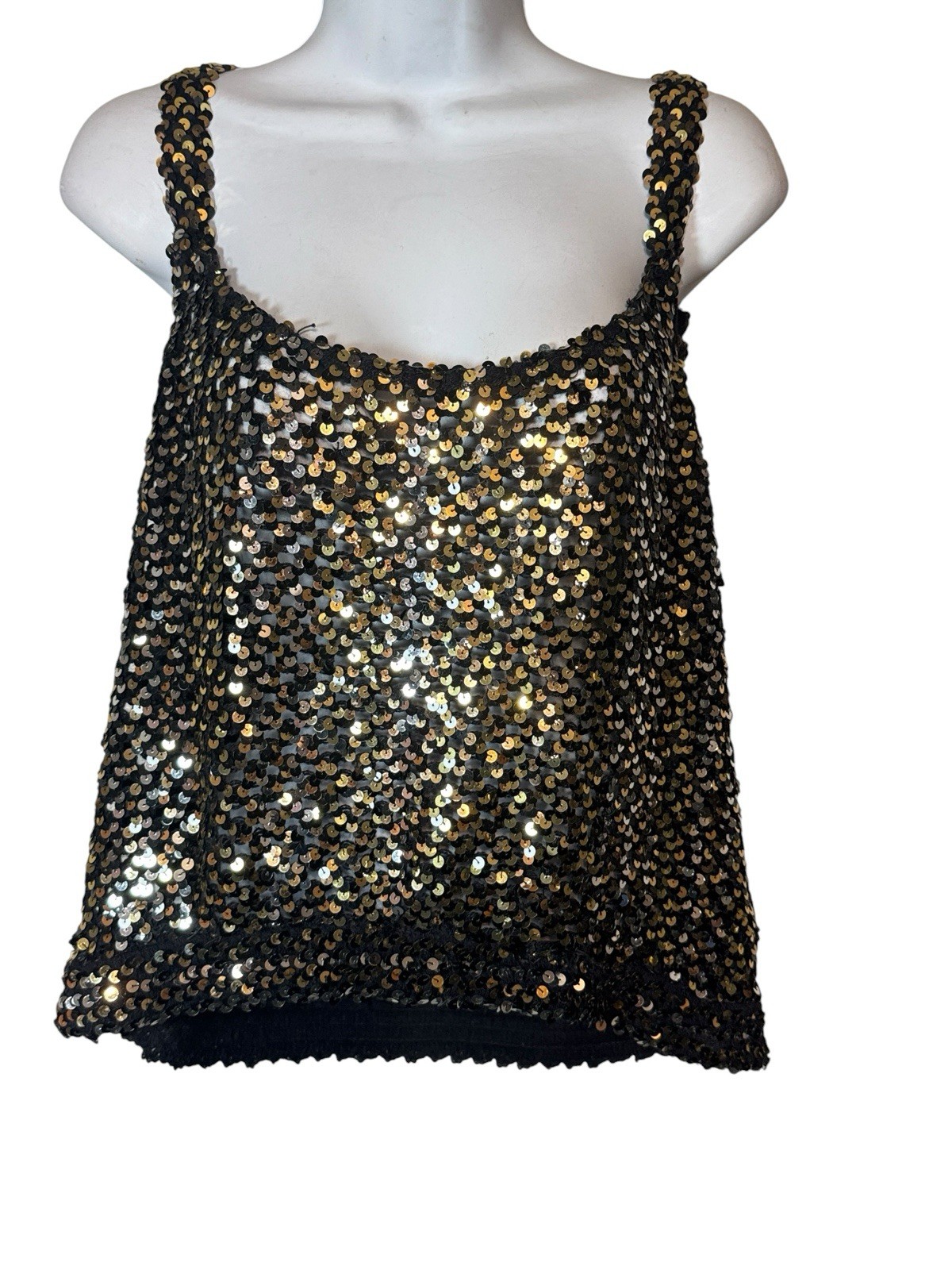 TOPPETTES by A.BROD Vtg 80s Black Silver Gold Sequin Tank Top Xlg Clubwear