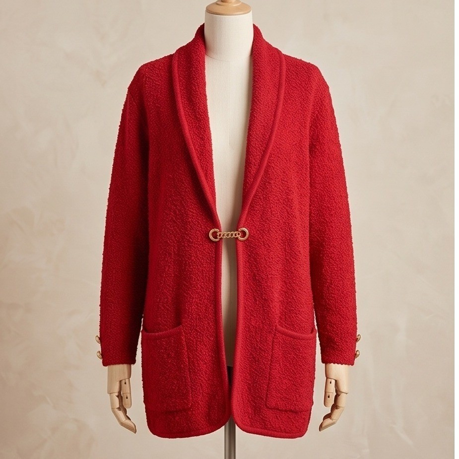 Side Effects M Red Boucle Knit Cardigan Sweater Gold Closure Vintage 1995 Heavy