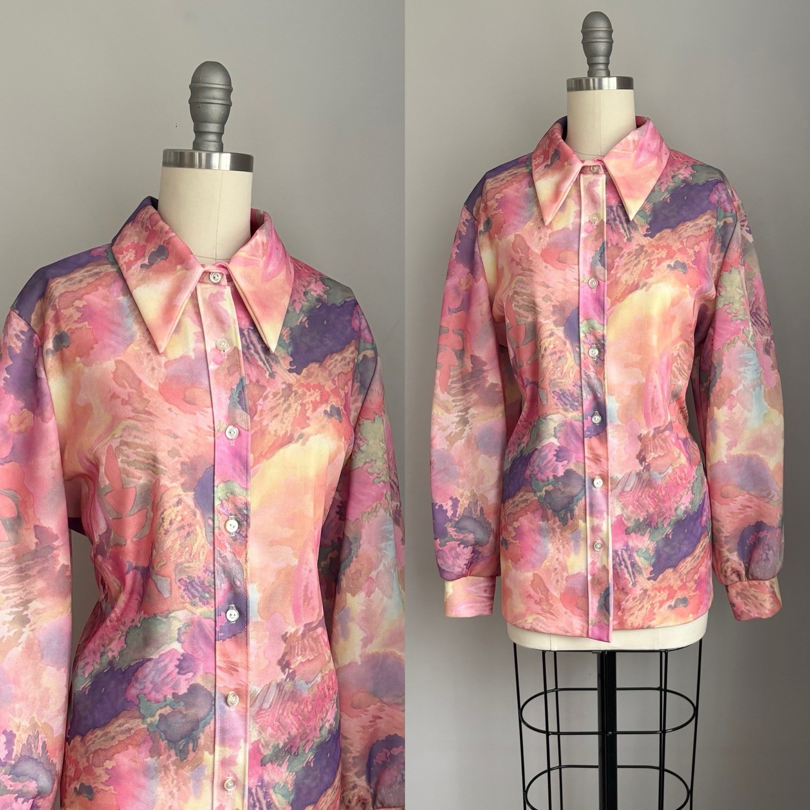Vintage 1970’s Coral Pink Watercolor Print Dagger Collar Button Down Shirt Large