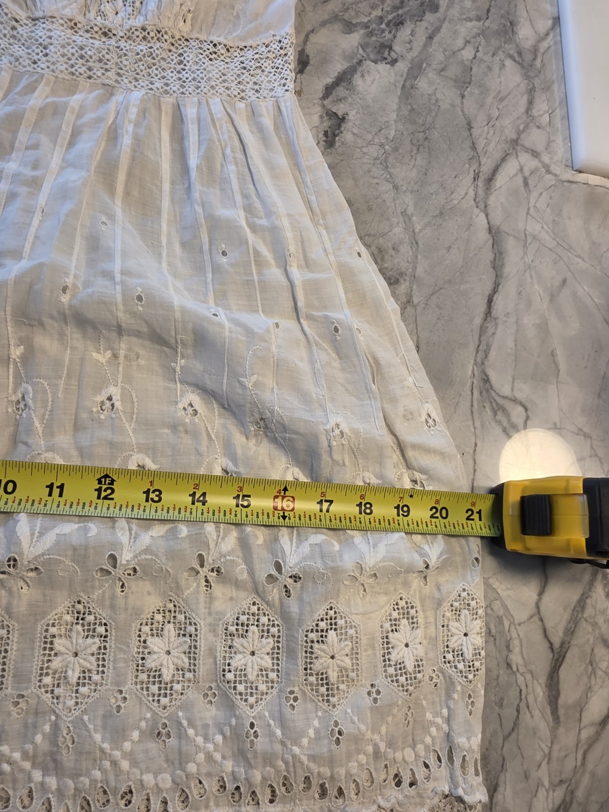 Antique Edwardian White Cotton Lawn Gown Embroidered Eyelet Lace Tea Dress XS