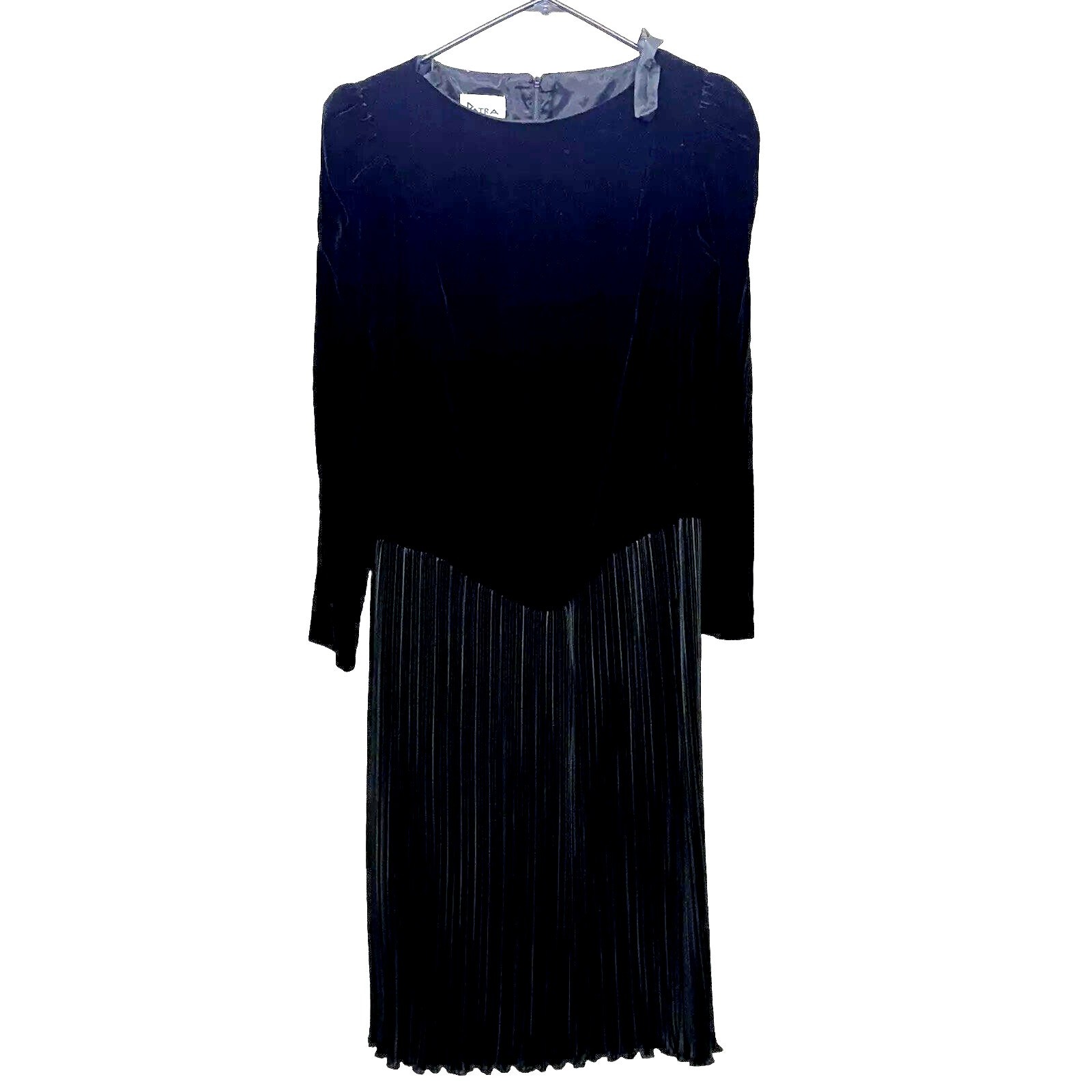 Patra Vintage Black Velvet Dress 1980s Drop Waist Pleated Skirt Shoulder Pad 7/8