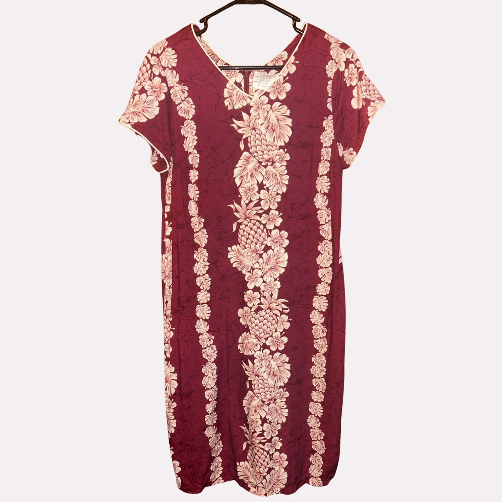 Vintage 80s Young Hawaii Muumuu Dress Burgundy Red White Pineapple Hibiscus