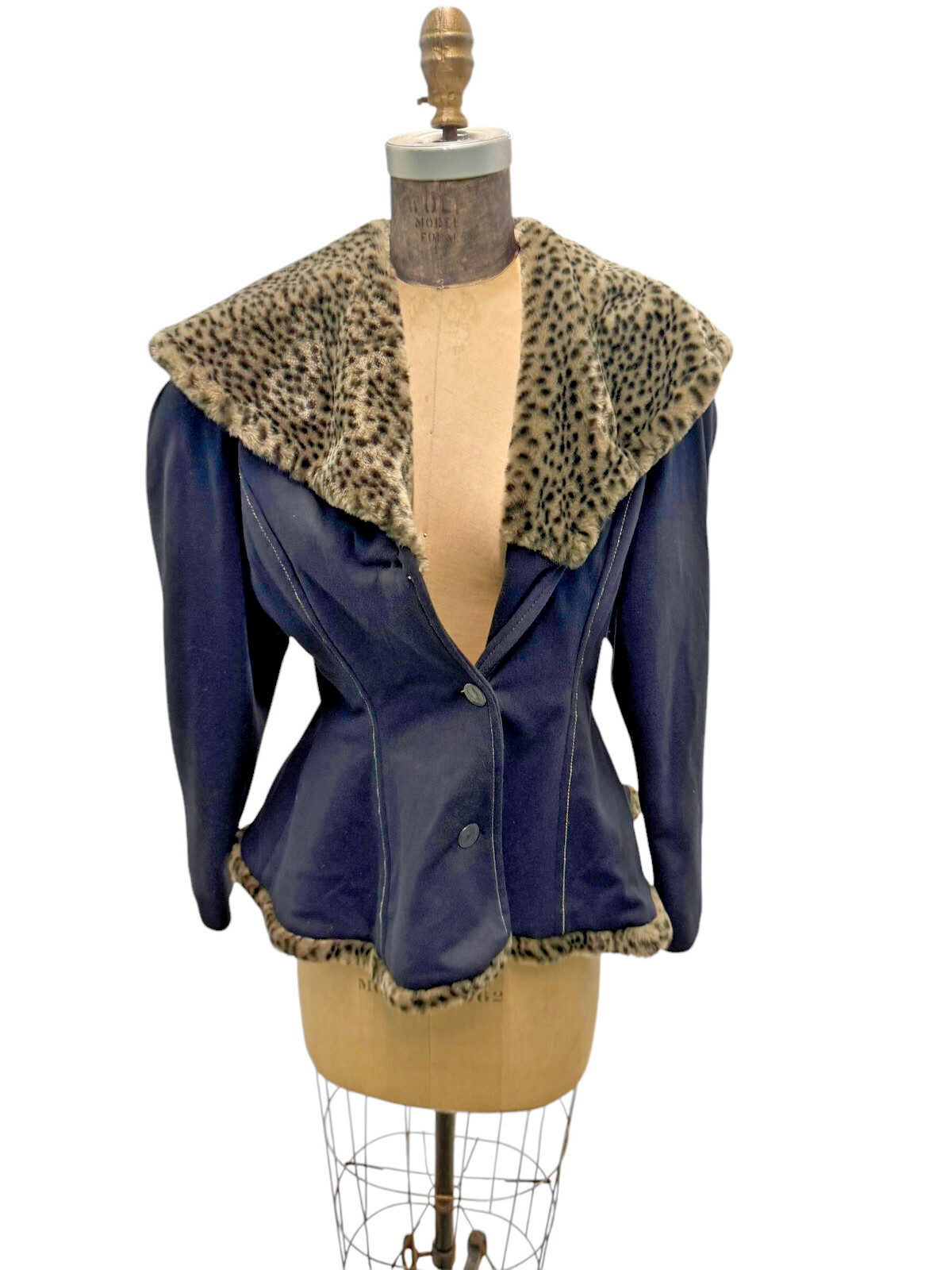 Vintage Plural Madrid Faux Leopard Print Collar Black Cotton Poly Mix Jacket Med