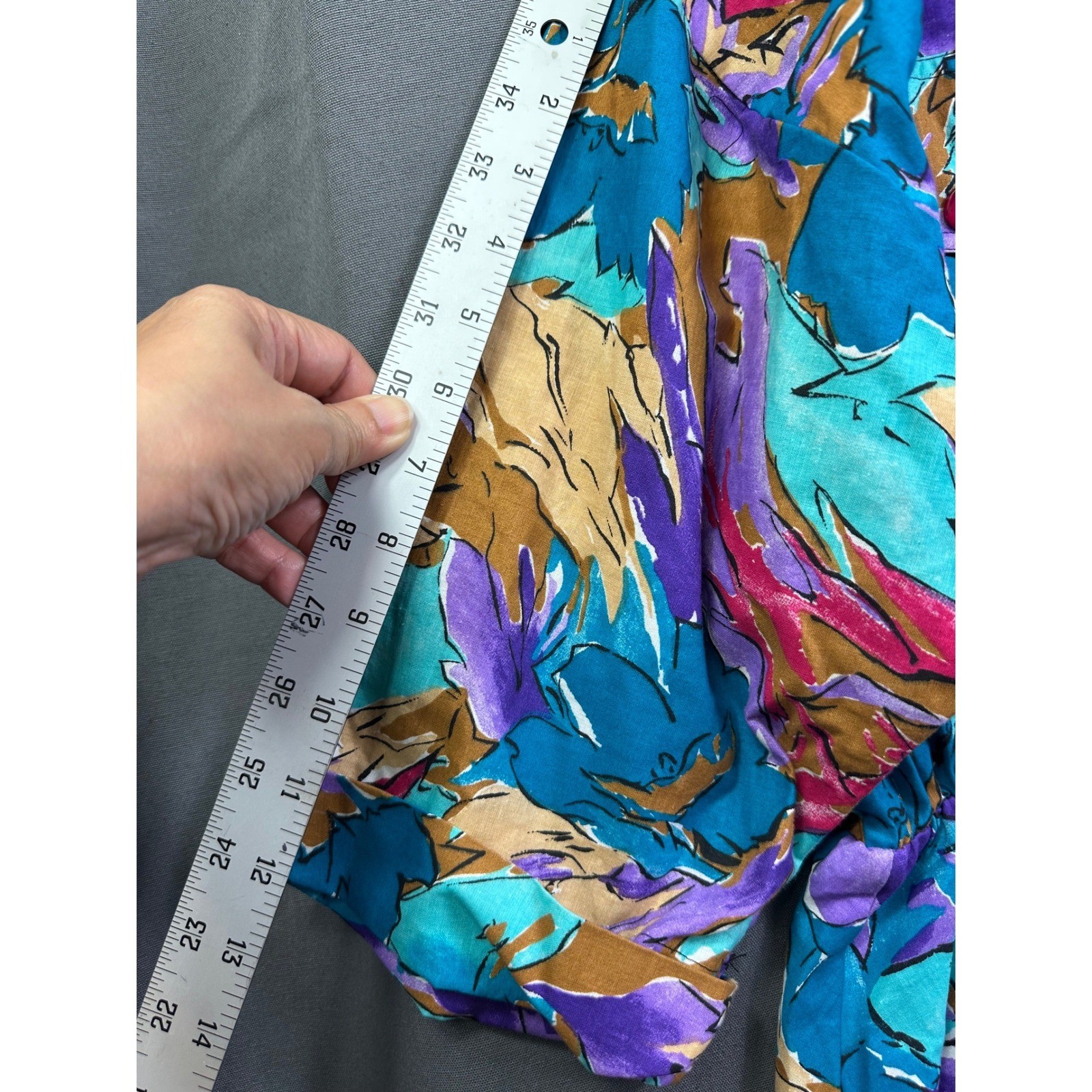 VTG Caliche 80s Abstract Floral Midi Dress Teal Purple Button Front Women 16P