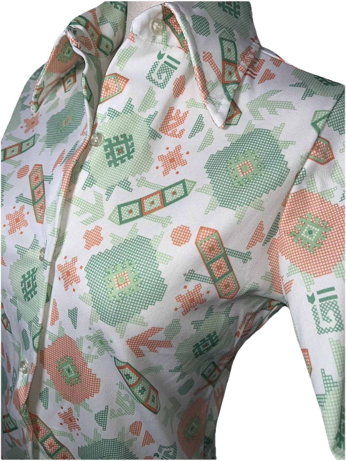 Vtg 60s Shirt Polyester Button Top Geometric Arrow Aztec White Green Orange S 36